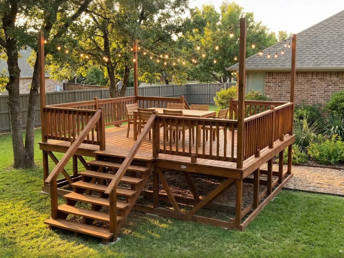 Outdoor dining setup on a portable deck