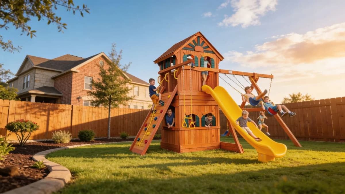 Kids playing on a backyard playset