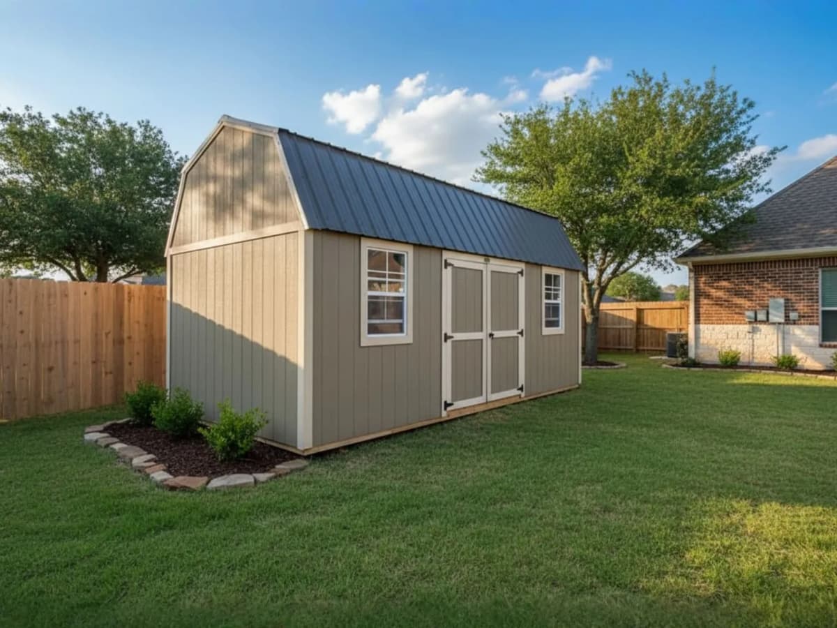 Lofted barn shed in a suburban backyard