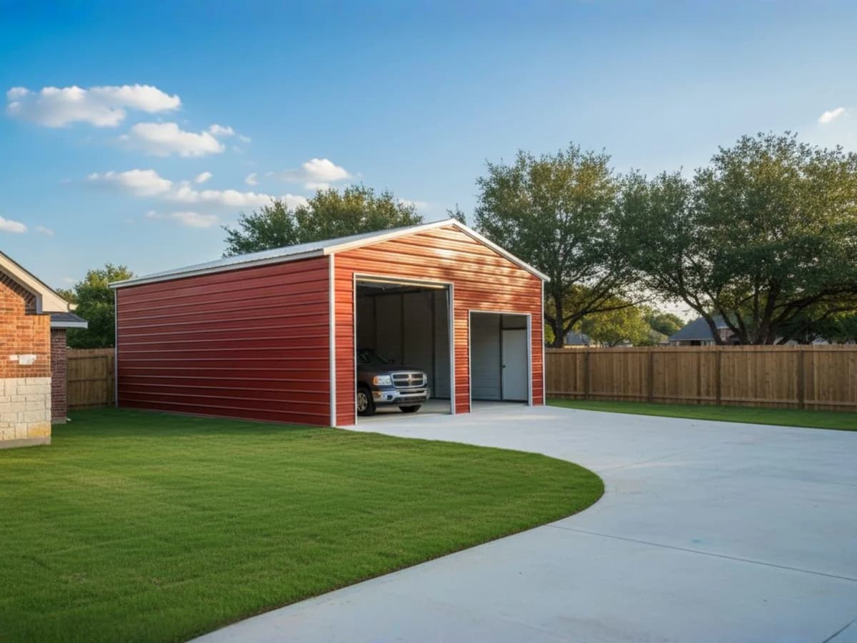 24x30 steel garage with doors open