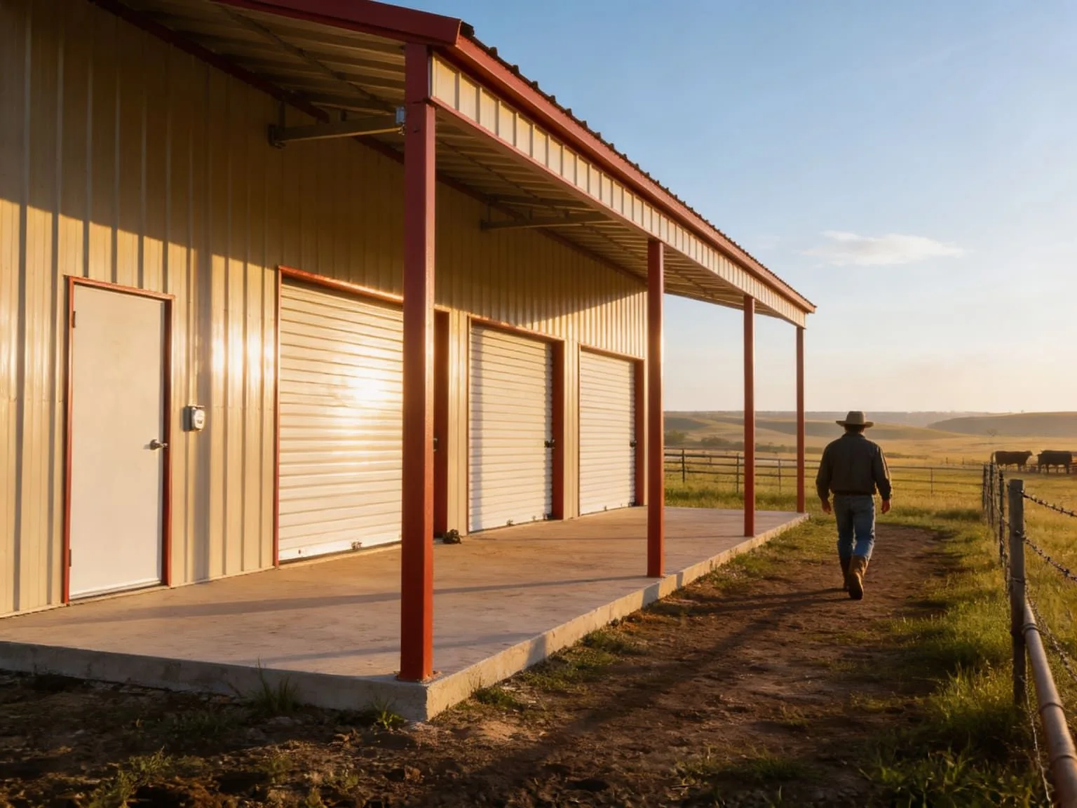 North Texas rancher walking toward a steel building on their property